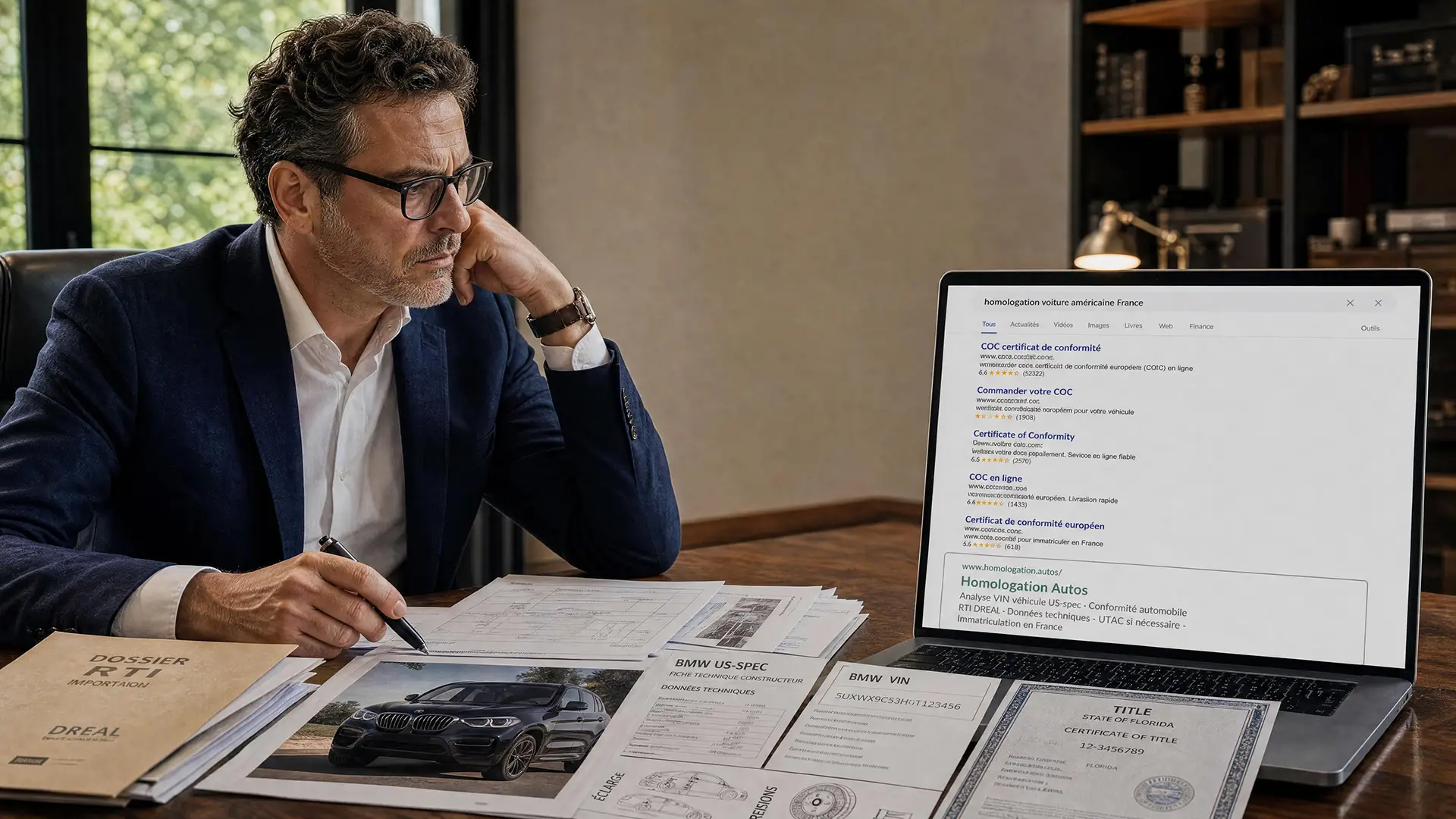 Automobiliste analysant une BMW US-spec importée avec documents VIN, RTI et DREAL face à des offres de COC en ligne