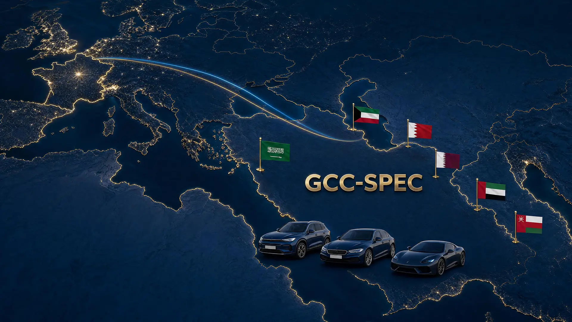 Carte des six pays du Golfe reliés à la France, avec drapeaux du GCC et véhicules en configuration GCC-spec